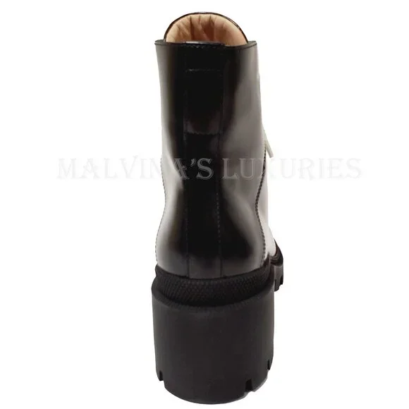 GUCCI BOOTS LACE-UP BLACK LEATHER ANKLE BOOTIE RUBBER LUG SOLE sz 37.5 / 7.5